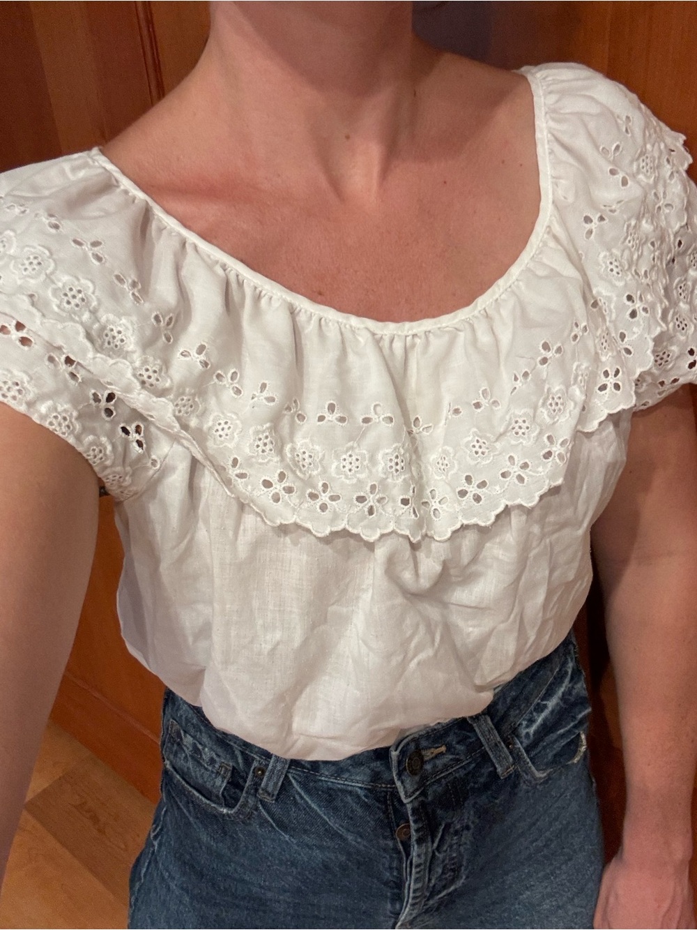Vintage White Eyelet Ruffle Off-Shoulder Blouse